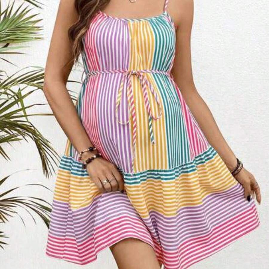 YYRR  Vestido corto casual de maternidad con tirantes finos y diseño de rayas multicolor para mujeres embarazadas - Multicolor - Ver 1