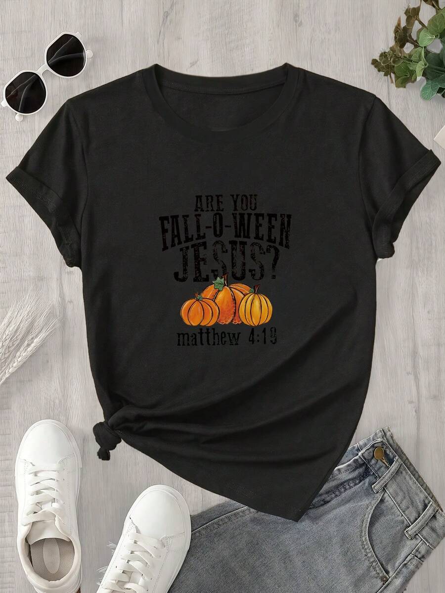 Camiseta de manga corta con cuello redondo para mujer: ¿Eres el santo Jesús? Camiseta estampada de manga corta, ideal para todas las estaciones. - Negro - Ver 1