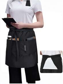 1pc 2pcs Restaurant Server Waist Apron, Short Server Half Apron, Durable Woven Fabric, With Portable Pockets, Comfortable Tea House Work Apron, Dyed Stylist Uniform - Solid Color - Black - View 13