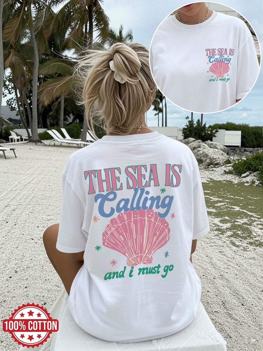 Diseño Sencillo y Versátil[Impresión a Doble Cara]Camiseta Casual de Verano para Mujer Estilo Vintage con Estampado de Concha y Estrella de Mar "THE SEA IS Calling" Manga Corta Cuello Redondo Algodón - Blanco - Ver 1