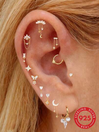 SereneSpark 1pc/1pair Heart Star Moon 925 Sterling Silver Earrings Women 18K Gold Plated Ear Clips Studs Cartilage Flat Back Earrings Daily Wear Wedding Party Engagement Christmas Gift Exquisite Jewelry