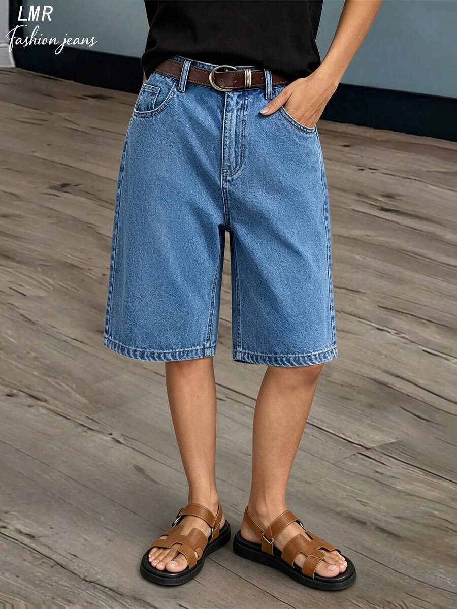 Celana Pendek Bermuda Denim Polos Wanita Kasual Musim Panas