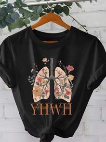 Women's Classic Christian Faith Floral Print T-Shirt, Casual Crew Neck T-Shirt With Floral Lung Print, YHWH Breathe T-Shirt, Bible Verse T-Shirt, Summer T-Shirt - 黑色 - 查看 1