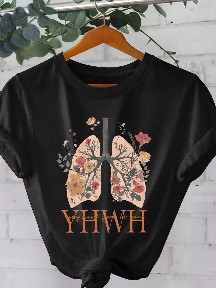 Women's Classic Christian Faith Floral Print T-Shirt, Casual Crew Neck T-Shirt With Floral Lung Print, YHWH Breathe T-Shirt, Bible Verse T-Shirt, Summer T-Shirt - 黑色 - 查看 1