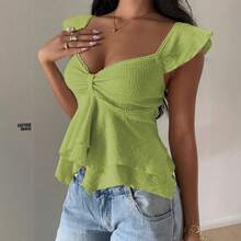Blusa ajustada de color liso con cuello en V y volantes - Negro - Ver 4