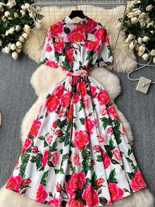 Elegant Women's Floral Print Dress With Short Sleeves, Lapel Collar, And Fitted Waist - Romantic Rose Design, Perfect For Spring Outings, Garden Parties, And Casual Events | Garden Party Dress | Floral Print Dress | Stylish Dress - 灰藍色 - 查看 2