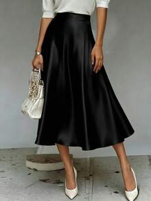 Rok Elegan, Desain A-Line Berpinggang Tinggi yang Lembut dan Mengalir, Modis untuk Musim Panas, Warna Hitam - Hitam - View 4