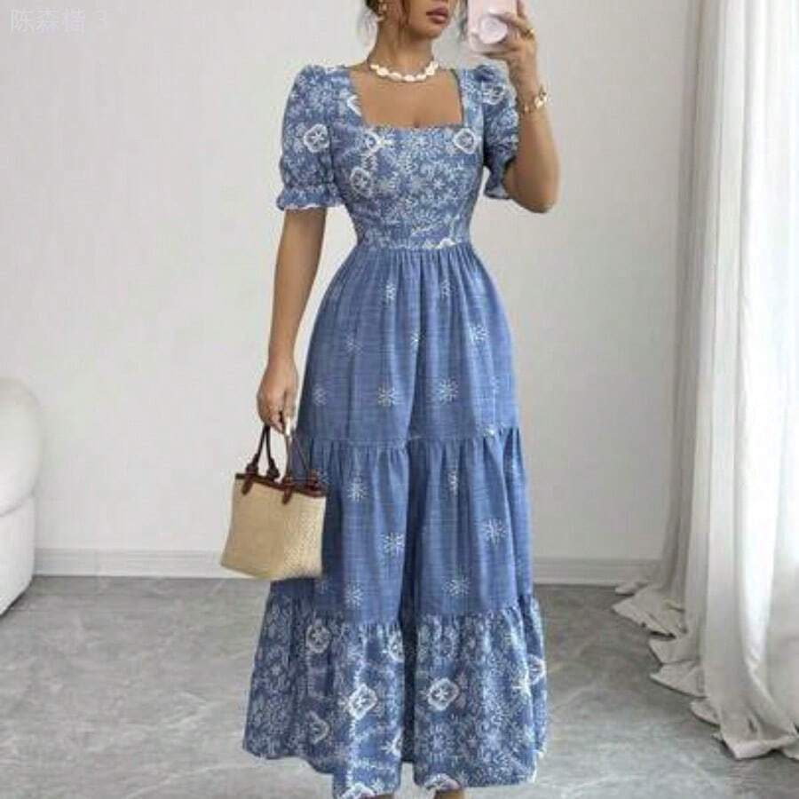 yonghongmaoyi1 Vestido casual/de trabajo de manga corta con cuello cuadrado y cintura ceñida en línea A con estampado para mujer - Azul lavado medio - Ver 1