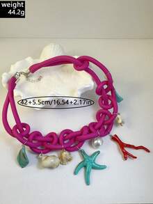 imoli 1 Stück/Y2K Bohemian Sommer Ozean Stil Dickes Seil Handgefertigte gewebte Seestern Koralle Muschel Anhänger Halskette für Frauen, geeignet für Strandurlaub Party Schmuck Geschenk - 32435-nek-rose red-EP - Übersicht 6