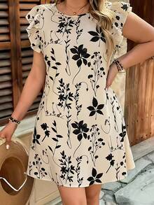 Wine Red Summer Dress With Floral Print And Ruffled Hem, Loose Fit And Festive Style With Ruffled Sleeves And Flare - 黑色 - 查看 8