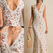 guangzhougaolangshangmao  Vestido Maxi de Moda para Vacaciones con Patchwork de Encaje, Cuello en V, Estampado Floral, Sin Mangas, Vestido Amarillo Pálido, Vestido con Ribete de Encaje, Vestido con Escote en V, Vestido con Estampado Floral, Vestidos de Verano para Mujeres, Vestidos Vintage Elegantes para Mujeres, Vestidos para Mujeres, Vestidos Florales para Mujeres, Último Vestido para Mujeres, Vestidos para Mujeres Fiesta en el Jardín - Multicolor - Ver 1