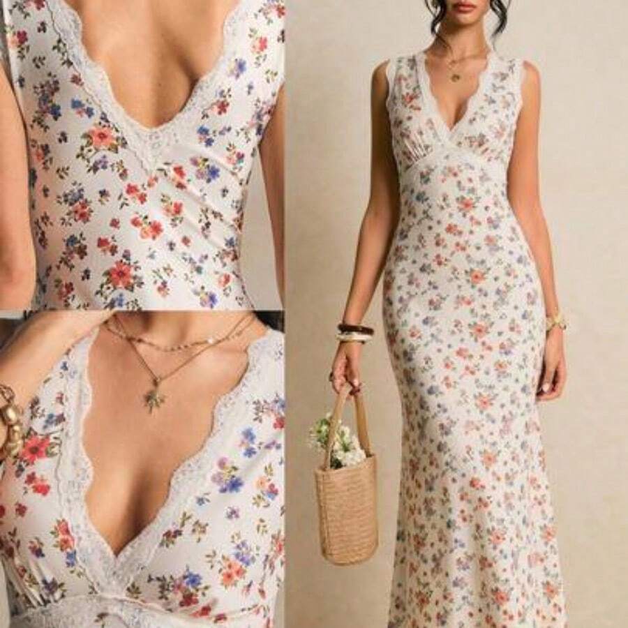 guangzhougaolangshangmao  Vestido Maxi de Moda para Vacaciones con Patchwork de Encaje, Cuello en V, Estampado Floral, Sin Mangas, Vestido Amarillo Pálido, Vestido con Ribete de Encaje, Vestido con Escote en V, Vestido con Estampado Floral, Vestidos de Verano para Mujeres, Vestidos Vintage Elegantes para Mujeres, Vestidos para Mujeres, Vestidos Florales para Mujeres, Último Vestido para Mujeres, Vestidos para Mujeres Fiesta en el Jardín - Multicolor - Ver 1