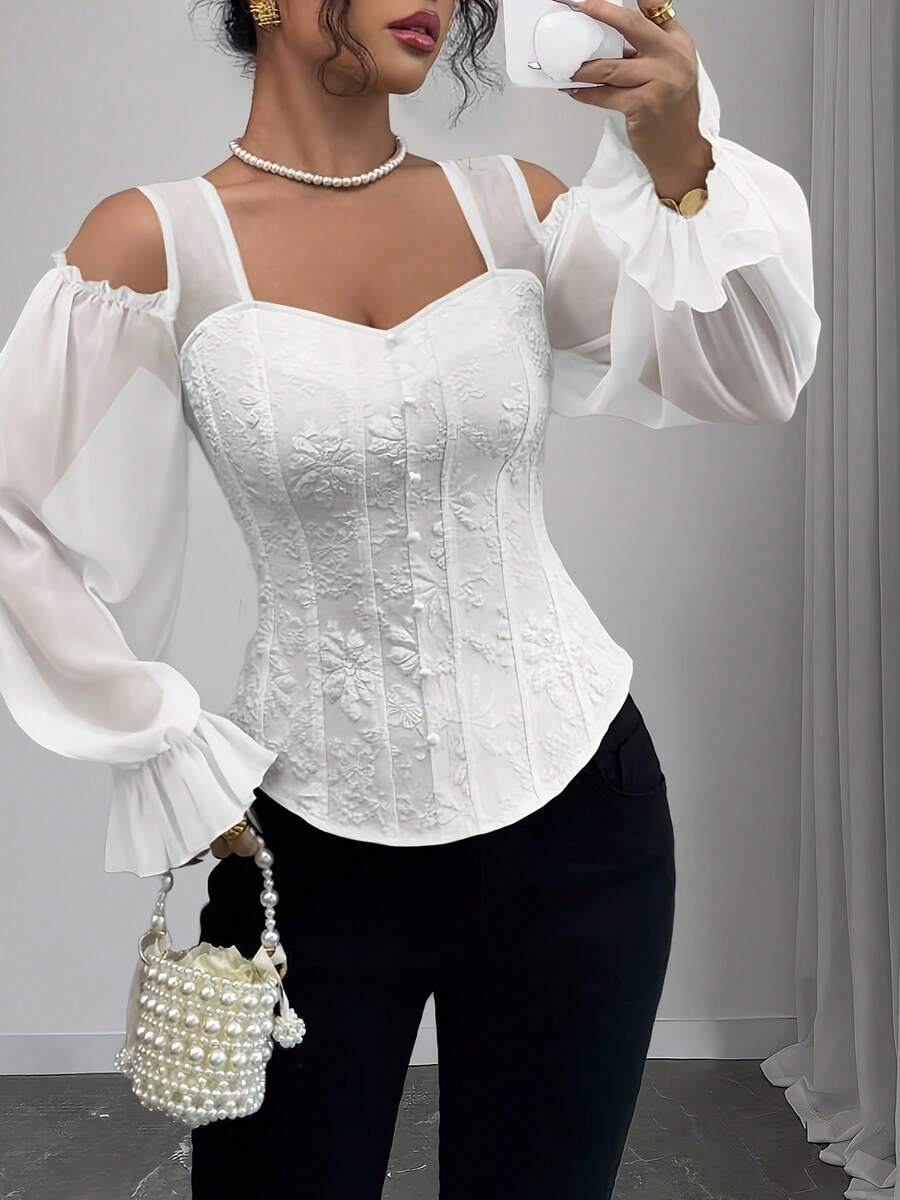 Fashionable Open-Style Design With Long Floral Jacquard Sleeves And Adjustable Shoulder Straps - 白色的 - 查看 1