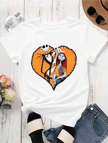 Disney Crew Neck  T Shirt Black Jack Skellington And Sally Heart Design For Casual Wear - 白色 - 查看 3