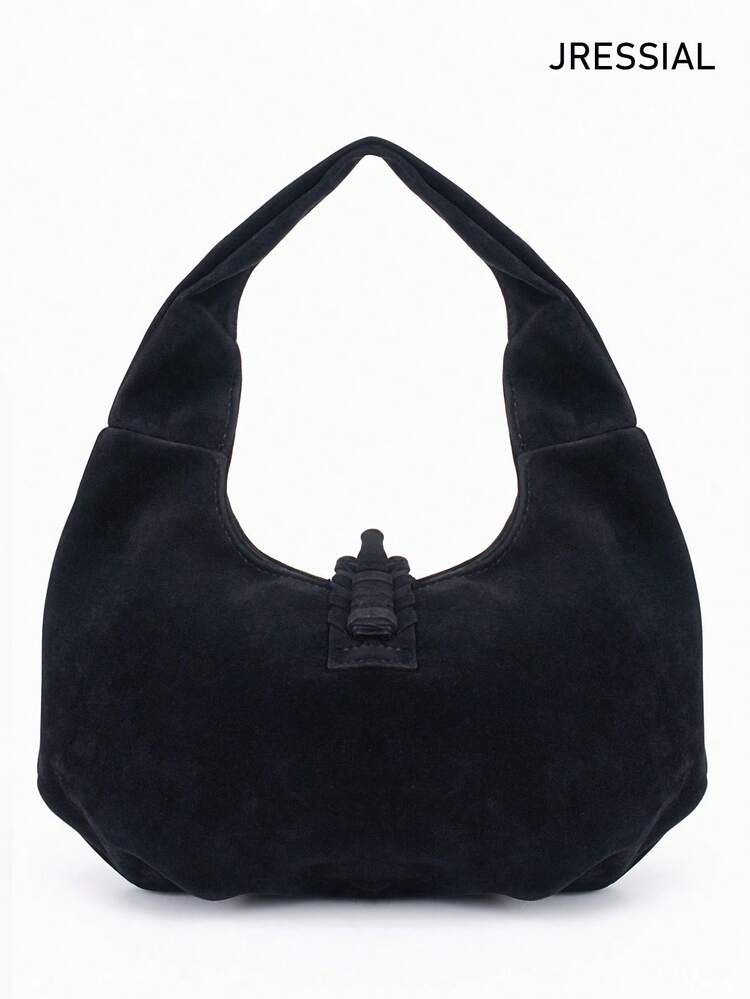 JRESSIAL Túi đeo vai kẹp nách dung tích lớn phong cách vintage đính tua rua, túi xách nhung hai mặt, túi tote tối giản cho nữ - màu đen - Xem 4