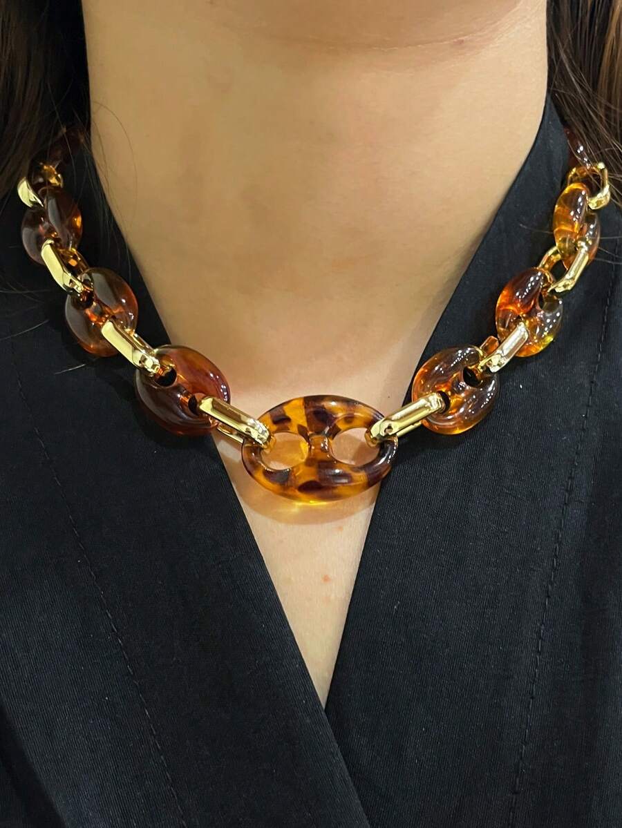 1pc Fashionable Retro Exaggerated Bohemian Style Thick Brown Acrylic Beaded Necklace, Suitable For Women, Couples, Parties, Daily Wear, Luxury & High-End - Multicolor - View 1