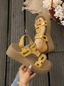 Women's Double Strap Metal Buckle Thick Sole Sandals, Platform Back Strap Roman Shoes, Vintage Casual Outdoor Beach Shoes, Non-Slip Height-Increasing Sandals, Multiple Colors Available, Plus Size Slimming Versatile Women's Shoes - Yellow - View 2