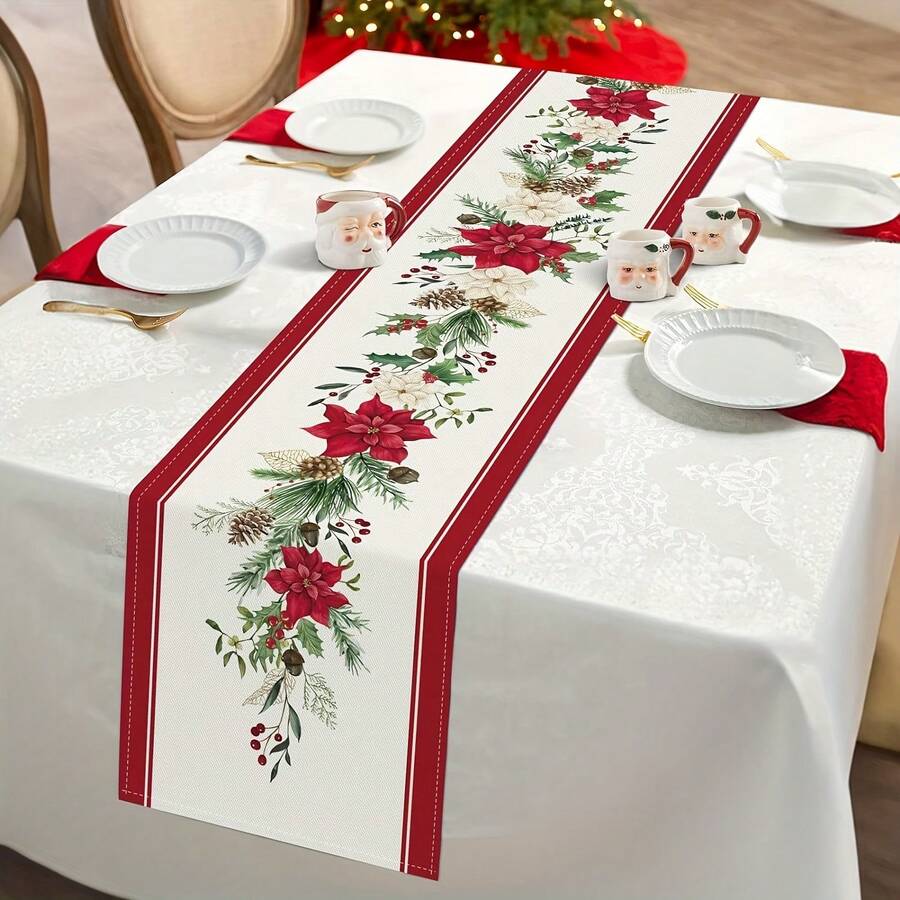 1PC Christmas Poinsettia & Pine Cone Print Table Runner, Rustic Farmhouse Style Multi-Size Table Runner, Machine Washable Dining Table Scarf For Christmas Dinner, Winter Holiday, Everyday Home Decor - Multicolor - View 1