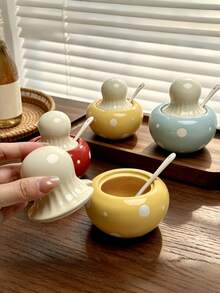 1pc Cute Mushroom Shaped Ceramic Seasoning Jar With Spoon, Multi-Purpose Salt & Sugar Canister, Kitchen Storage Jar, Coffee & Sugar Jar, Afternoon Tea Utensil, Home Decor Gift - Multicolor - View 9