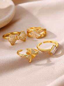 1pc Luxury Zirconia Inlaid Ring, 18K Gold Plated Open Band, Bowknot Four-Leaf Clover Design Jewelry, Daily Commute Dating Gift - Yellow Gold - View 1