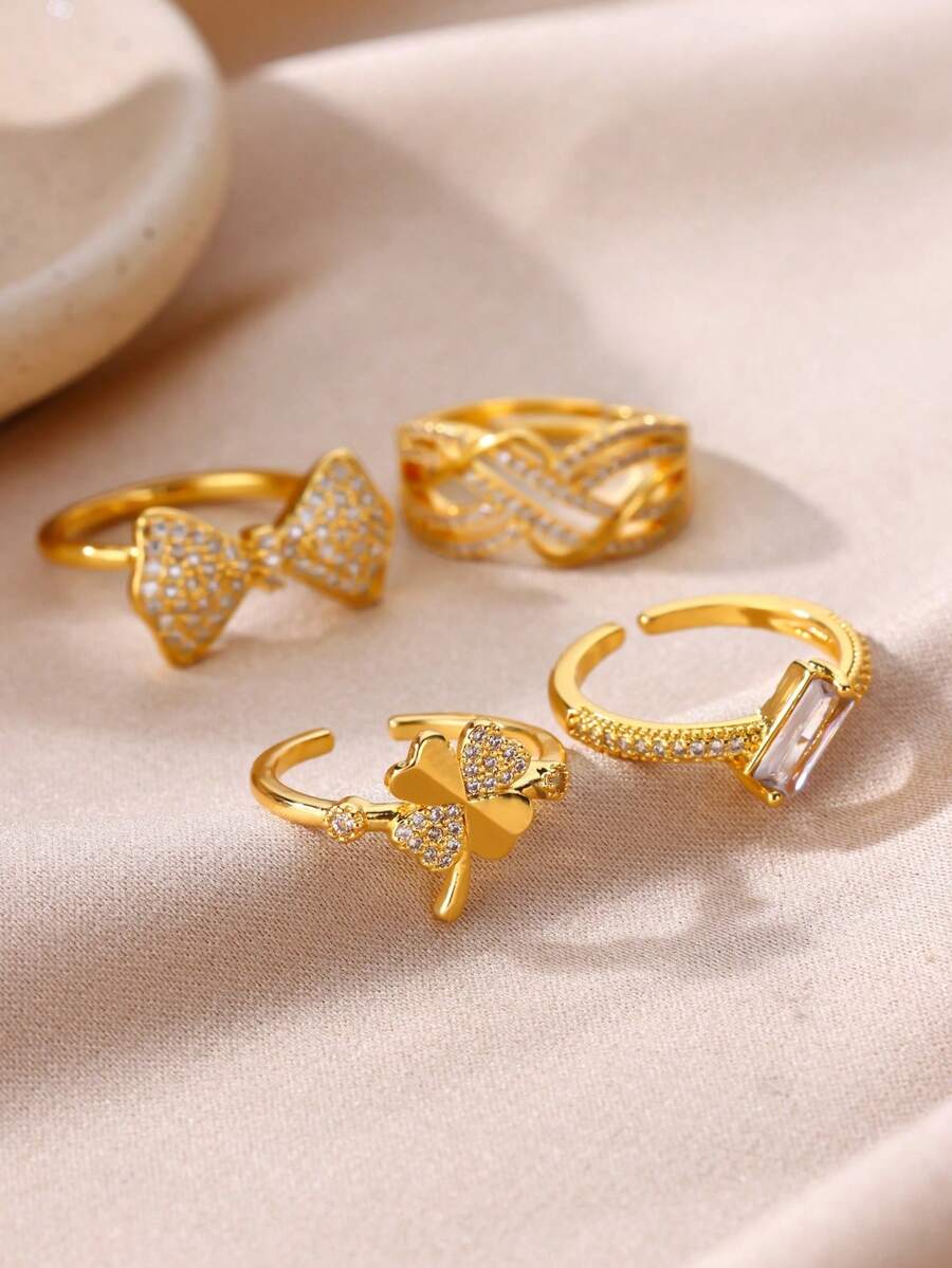 1pc Luxury Zirconia Inlaid Ring, 18K Gold Plated Open Band, Bowknot Four-Leaf Clover Design Jewelry, Daily Commute Dating Gift - Yellow Gold - View 1