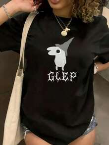 Under The Radar Funny Print Crew Neck Glep Black T-Shirt With Cartoon Character Graphic, Fashionable Unisex T-Shirt, Casual Clothing For Women And Men, Suitable For Holiday Gifts - Urban Vintage Style, Loose Fit Short Sleeve Cotton Unisex Crew Neck T-Shirt. - 黑色 - 查看 1