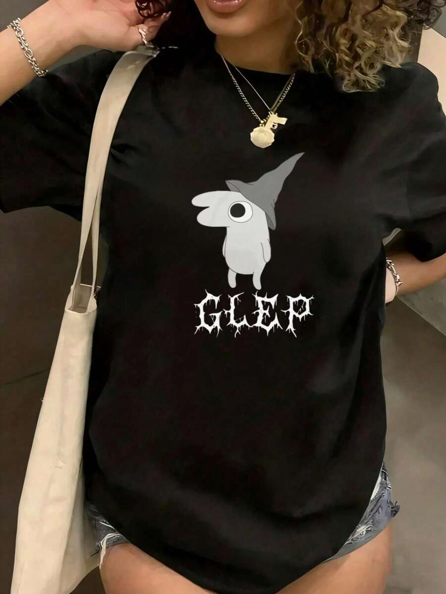 Under The Radar Funny Print Crew Neck Glep Black T-Shirt With Cartoon Character Graphic, Fashionable Unisex T-Shirt, Casual Clothing For Women And Men, Suitable For Holiday Gifts - Urban Vintage Style, Loose Fit Short Sleeve Cotton Unisex Crew Neck T-Shirt. - 黑色 - 查看 1