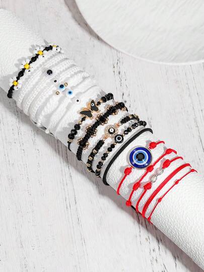 Juego de 5-7 pulseras tejidas a mano con diseño de ojo, mariposa y flor, de moda, adecuado para niños y niñas, para salidas diarias, atuendos de vacaciones, pulseras de la amistad, el mejor regalo para amigos