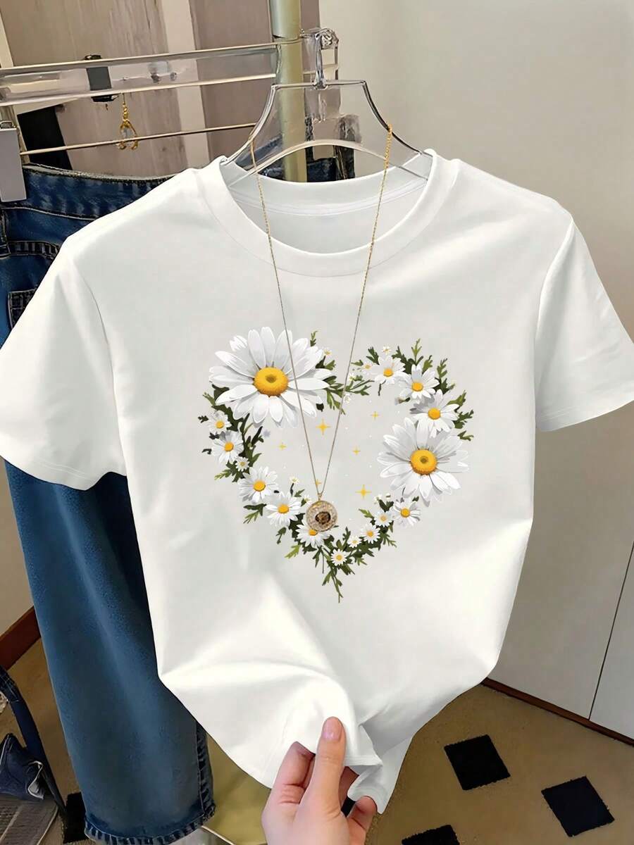Women's Short-Sleeved T-Shirt With A Heart-Shaped Daisy Print, Perfect For Spring, Holidays, Summer, Or As A Beach Outfit. Ideal For A Vacation, Country Style, Or Office Wear. Direct Shipping From Our Local Warehouse. Couple's Set Available. - 白色 - 查看 1