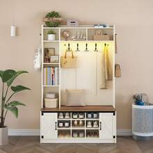 HaluPeit 47.2" Hall Tree, LED Farmhouse Entryway Storage And Coat Rack Wood, Entryway Furniture With 7 Hooks, Hall Tree With Bench And Storage, 6 Storages Partitions Shoe Bench, Rustic White - White - View 1