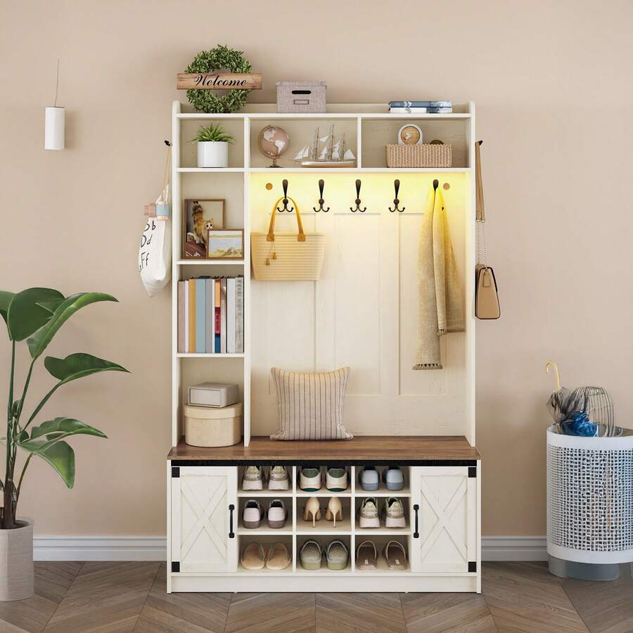 HaluPeit 47.2" Hall Tree, LED Farmhouse Entryway Storage And Coat Rack Wood, Entryway Furniture With 7 Hooks, Hall Tree With Bench And Storage, 6 Storages Partitions Shoe Bench, Rustic White - White - View 1