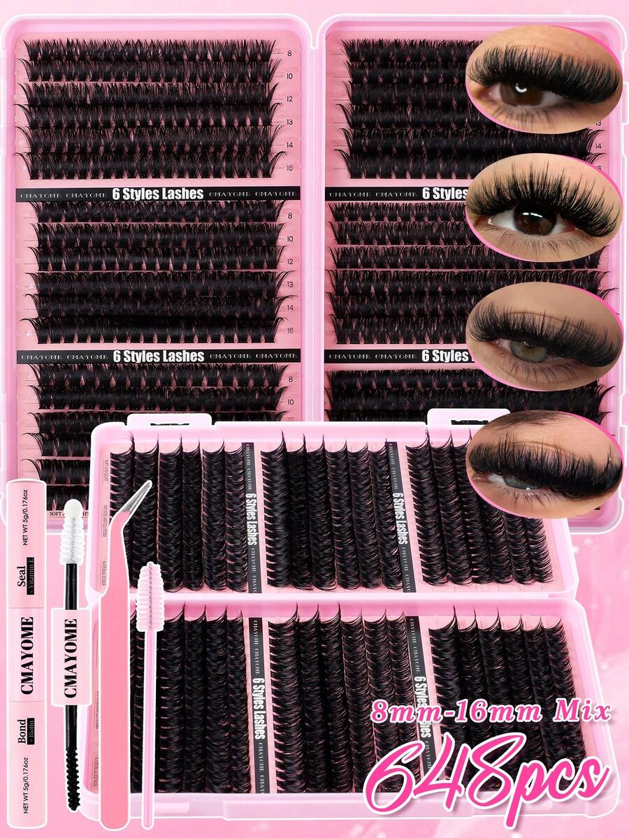 720片 D捲 8-16mm 睫毛接種套裝，包含睫毛、膠水、密封劑、鑷子，粗細適中、超柔軟輕盈可重複使用簇狀睫毛，適用於日常、節日、婚禮