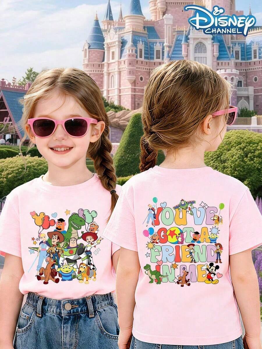Disney 'Toy Story' All-Star Characters Including Woody, Buzz Lightyear, Jessie, Rex, The Aliens, Slinky Dog, Hamm, And Mr. Potato Head Patterned Summer Pink Top, Short-Sleeved Casual Cute Style, Suitable For Teenagers And Children, Perfect For Fashionable Girls. Comfortable And Casual, Suitable For Year-Round Wear. Classic Disney Patterns, Ideal For Travel, Perfect For Girls To Wear When Visiting Disneyland. - 粉色 - 查看 1