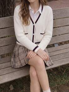 1pc Women's College Style White Knitted Cardigan, V-Neck Striped Trim, Long Sleeve Button Front Pocket Sweater, Autumn/Winter Essential Fall - White - View 2