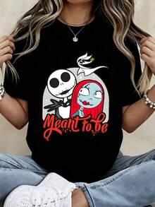 Disney Crew Neck T Shirt  Black Jack Skellington And Sally Meant To Be Print Casual Wear For Women And Men - 黑色 - 查看 1
