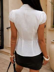 Women's Linen Look Button Front Slim Fit Peplum Short Sleeve Blouse - White - View 6