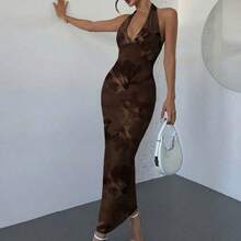 dahkjdgajy  Nuevo vestido elegante y romántico con cuello en V, estampado floral efecto tie-dye, ajustado, color marrón, vestido de verano, atuendo para playa y vacaciones - Marrón - Ver 5