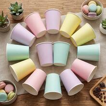 10/20/40pcs Macaron Color Palette Rainbow Solid Color 9oz Disposable Paper Cups, Soft Pink, Lavender Purple, Mint Green, Yellow Drinking Cups, Suitable For Baptism, Gender Reveal And Newborn Welcome Party Table Decor - View 1