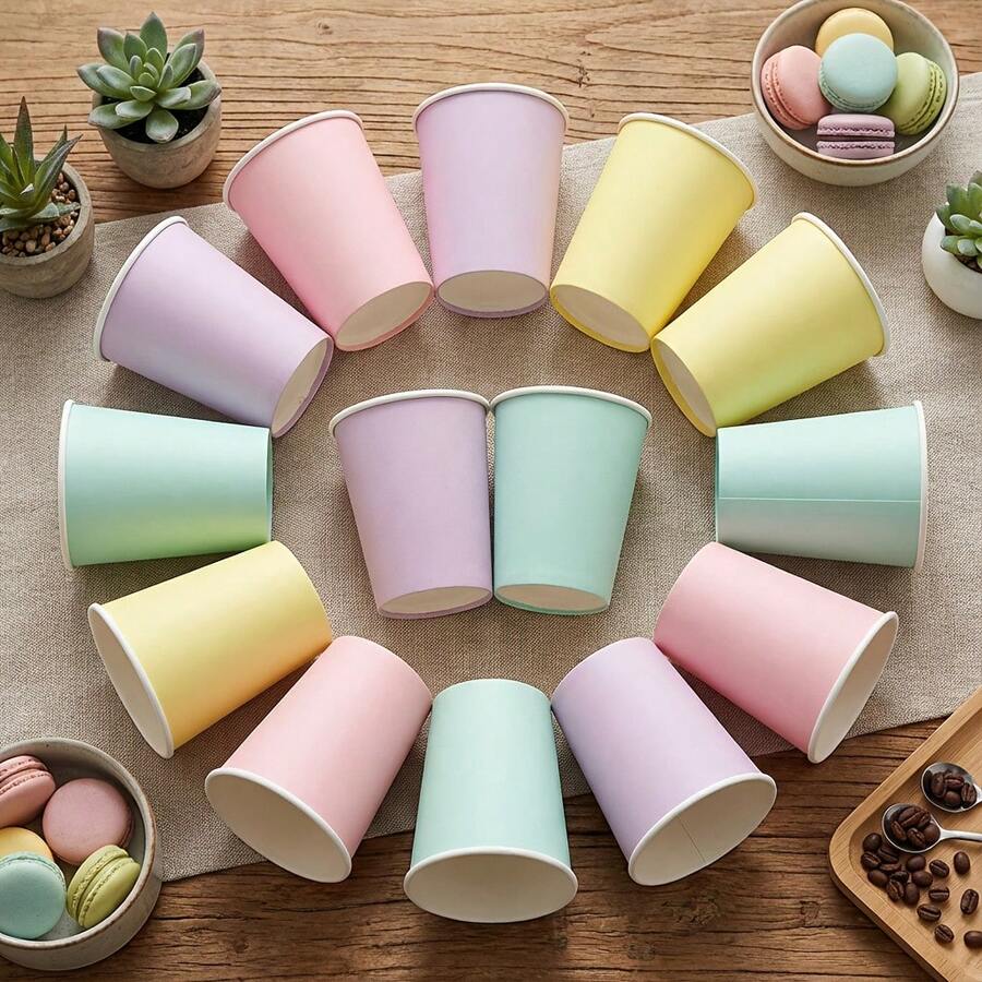 10/20/40pcs Macaron Color Palette Rainbow Solid Color 9oz Disposable Paper Cups, Soft Pink, Lavender Purple, Mint Green, Yellow Drinking Cups, Suitable For Baptism, Gender Reveal And Newborn Welcome Party Table Decor - View 1