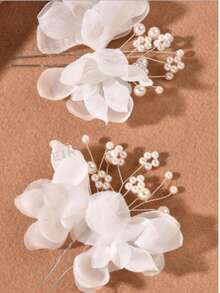 2 Pcs/Set Women's Honey Orange Cloth Flower Pearl Hairpin Headwear Wedding Party,Combs - White - View 3