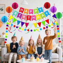 1 Set Neutral Happy Birthday Banner, Includes Colorful Paper Flags, Paper Ring Garland, Sequin Garland, Spiral Streamers And Honeycomb Balls, Complete Hanging Party Decoration Set, Suitable For Birthday, Baby Shower, Anniversary, Holiday Celebration Supplies - Multicolor - View 4