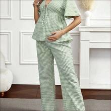 WNST
  Set de 2 piezas: Blusa a cuadros con cordones y pantalones de pierna ancha - Caqui - Ver 4