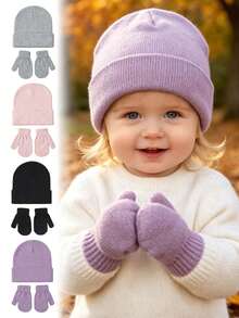 3 pezzi Set di cappello e guanti lavorati a maglia per bambini e bambine autunno/inverno, set di 3 pezzi con berretto invernale + guanti, set di cappello lavorato a maglia casual per neonati e bambini piccoli, morbido e caldo, colore unito minimalista, disponibile in più colori - 3 pezzi - Visualizzare 1