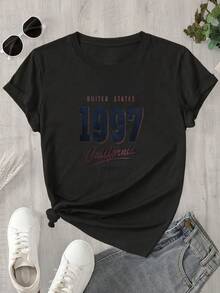 Camisa de mujer de manga corta y cuello redondo con estampado del logo de California, 1997, con la inscripción "1997 USA", apta para todas las estaciones. - Negro - Ver 1