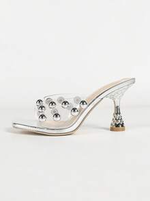 Elegante Damen-Mode Mules mit quadratischer Zehenpartie, transparenten Nieten-Dekor, Stiletto-Absatz und hohem Absatz, Frühlings-/Sommer-Outfit, Osterball, Valentinstag, Sommerschuhe - Silber - Übersicht 6