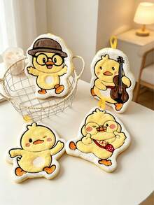 4pcs/1pc Coral Fleece Soft Absorbent Lint-Free Hanging Hand Towel Cute Little Duck Design Hanging Multi-Functional Quick-Dry Bathroom Kitchen Towel Rag - Yellow - View 2
