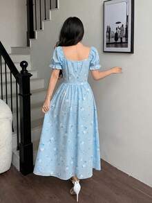 Elegant Long-Sleeved Dress With A Lace Collar And Fitted Hem, Featuring A Charming And Romantic Floral And Lace Design, Ideal For Holidays, Women's Dress - 藍色 - 查看 3