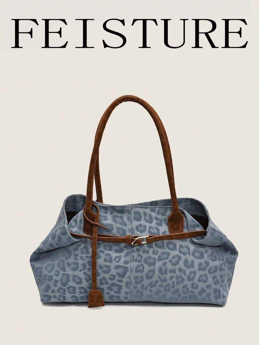 1 pieza Bolso de mano grande con estampado de leopardo y bloques de color FEISTURE, bolso de hombro con decoración de correa, cierre magnético, adecuado para salidas diarias, citas, ir al trabajo, bolsos de moda para damas