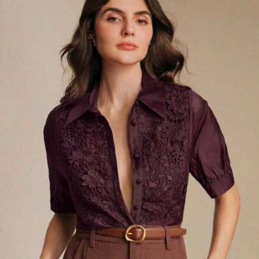 Camisa elegante y moderna con encaje floral, transparente, adecuada para primavera, verano, festivales y graduaciones - Burdeos - Ver 1
