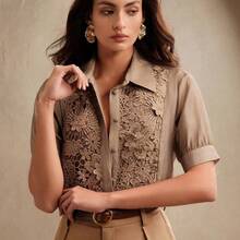 Camisa elegante y moderna con encaje floral, transparente, adecuada para primavera, verano, festivales y graduaciones - Burdeos - Ver 8